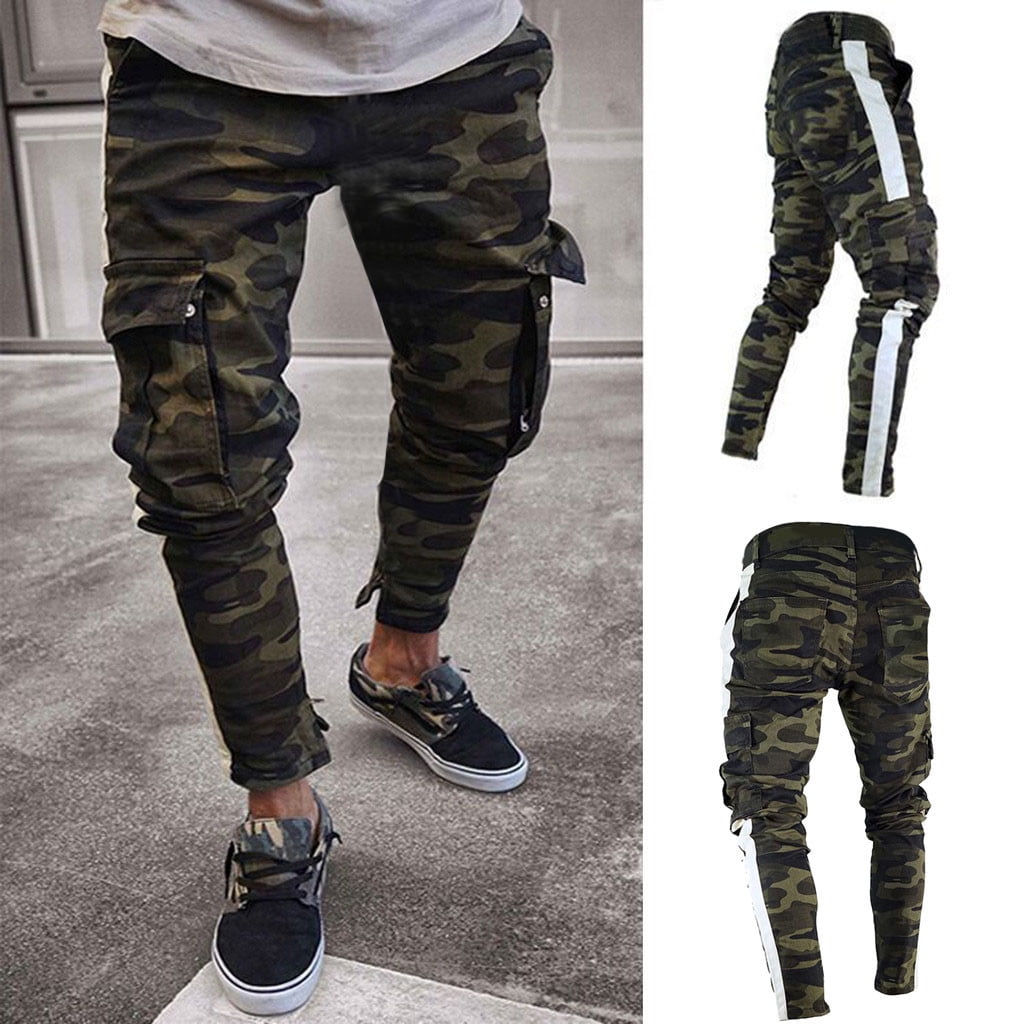 Camo Pants Men Slim Fit Pleated Denim Trouses High Stretch Comfortable ...