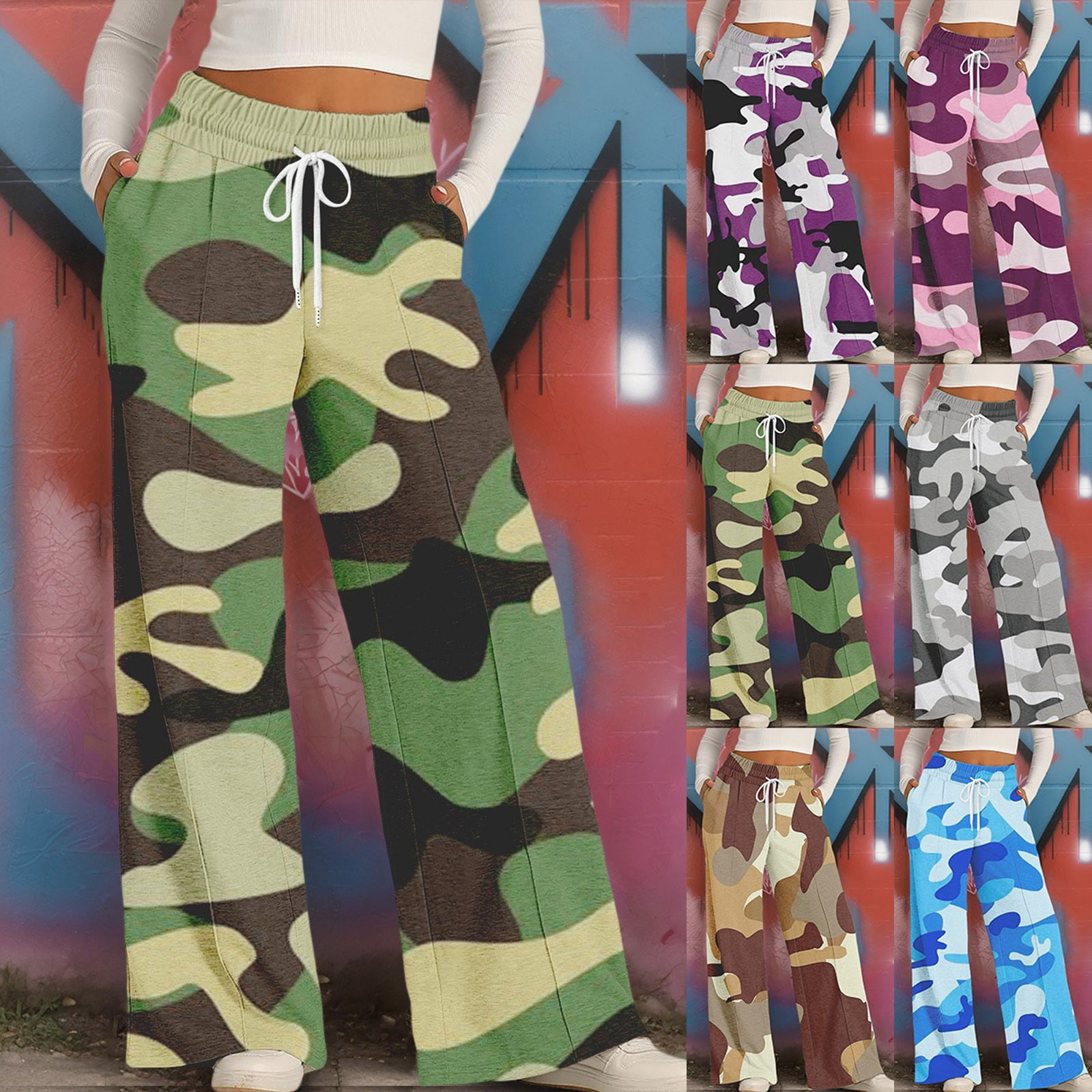 Adviicd Camo Pants Women High Waisted Wide Leg Casual Y2K Cargo Pants Baggy Elastic Waist Straight Jeans Trousers Fashion Outfits Grey Xl-821704