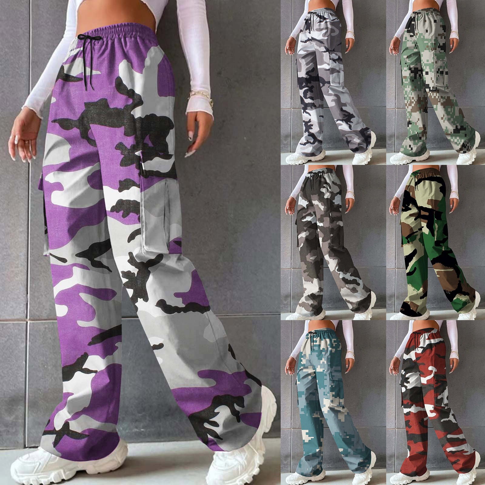 Adviicd Camo Pants Women High Waisted Wide Leg Casual Y2K Cargo Pants Baggy Elastic Waist Straight Jeans Trousers Fashion Outfits Grey Xl-821704
