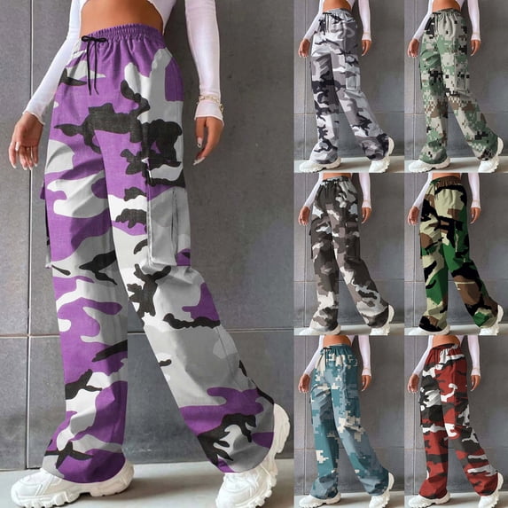 Camo Pants Women Elastic Waist Wide Leg Trousers with Drawstring Comfy Soft Lightweight Casual Loose Womens Cargo Pants Grey M