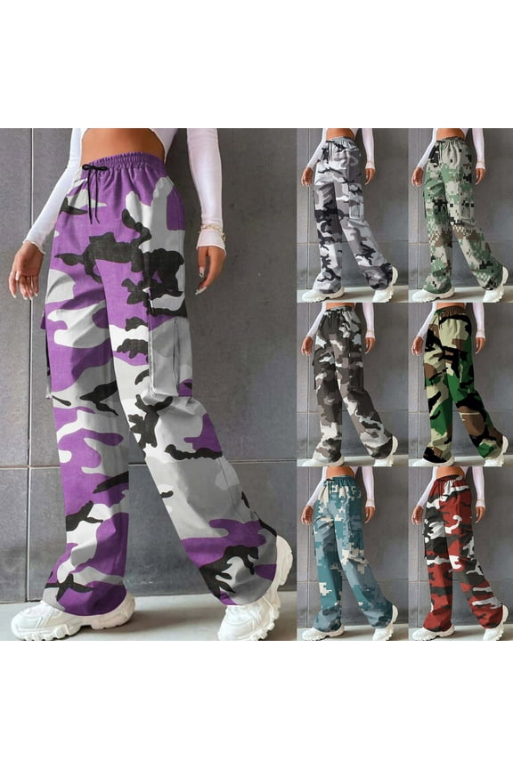 Camo Pants Women Elastic Waist Wide Leg Trousers with Drawstring Comfy Soft Lightweight Casual Loose Womens Cargo Pants Red L