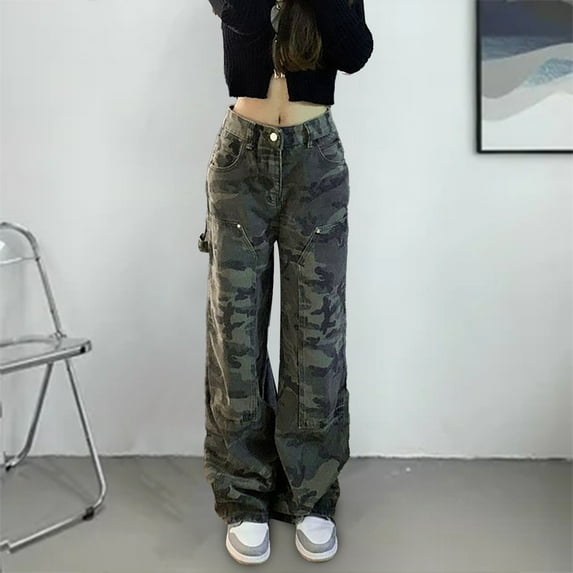 Camo Pants Women High Waist Camouflage Print Straight Wide Leg Denim Trousers Loose Outdoor Comfortable Casual Womens Jeans Green M