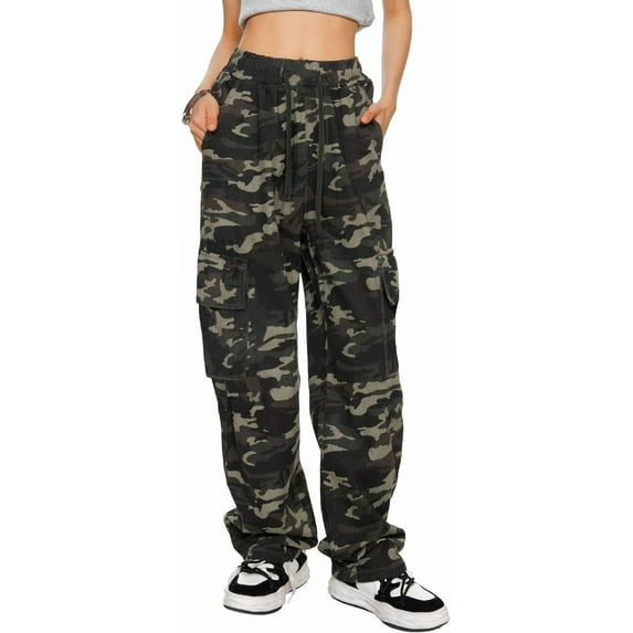 Camo Pants Women High Waisted Wide Leg Casual Camoflage Cargo Pants Baggy Elastic Waist Straight Jeans Trousers