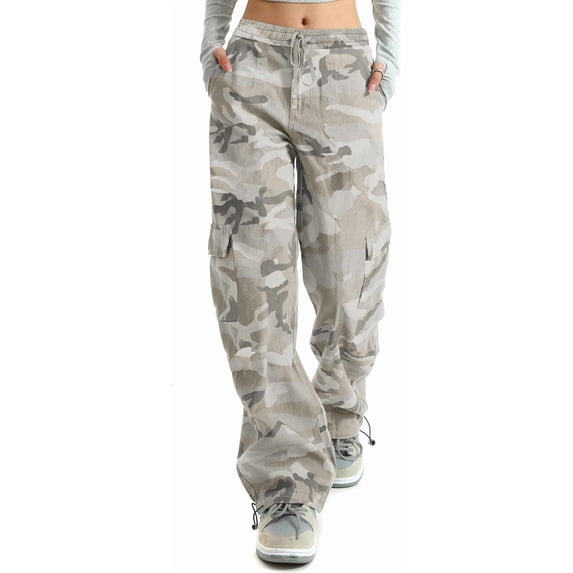 Camo Pants Women High Waisted Wide Leg Casual Camoflage Cargo Pants Baggy Elastic Waist Straight Jeans Trousers