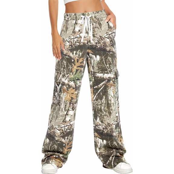 Camo Pants Women High Waisted Wide Leg Casual Camoflage Cargo Pants Baggy Elastic Waist Straight Jeans Trousers