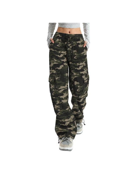 Camo Pants Women High Waisted Wide Leg Casual Camoflage Cargo Pants with Drawstring