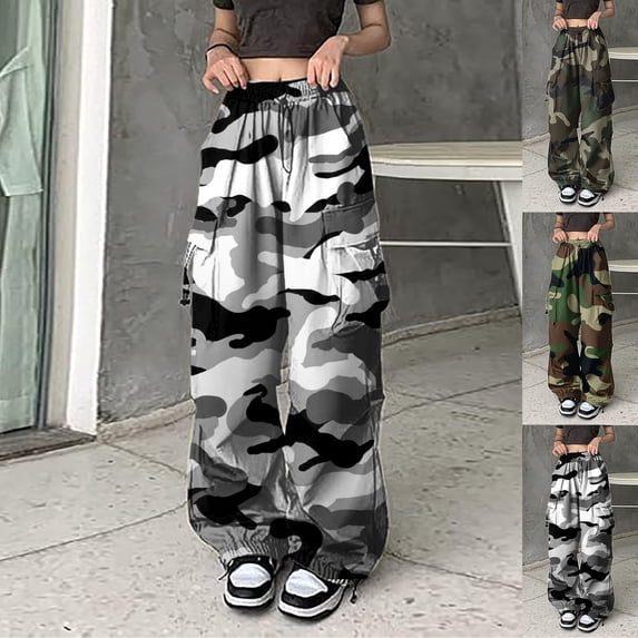 Camo Pants Women Streetwear Y2K Baggy Sweatpants Drawstring Hop Loose Wide Leg Trousers Camouflage L