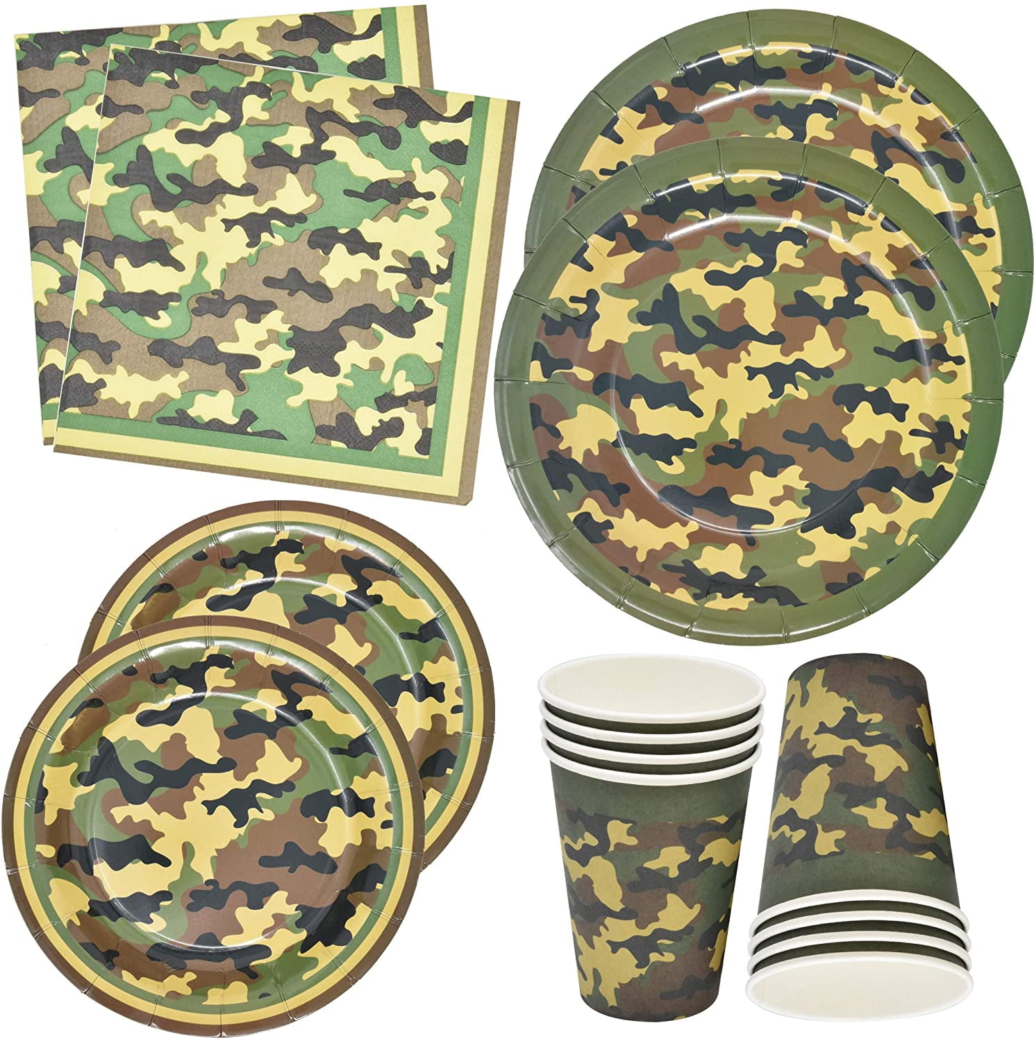 Camo Party Supplies Set 24 9" Plates 24 7" Plates 24 9 Oz Cups 50 Luncheon Napkins Birthday Decorations Hunting, Army, Camouflage, MIlitary Paper Pack Tableware Set Camo party Favors by Gift Boutique