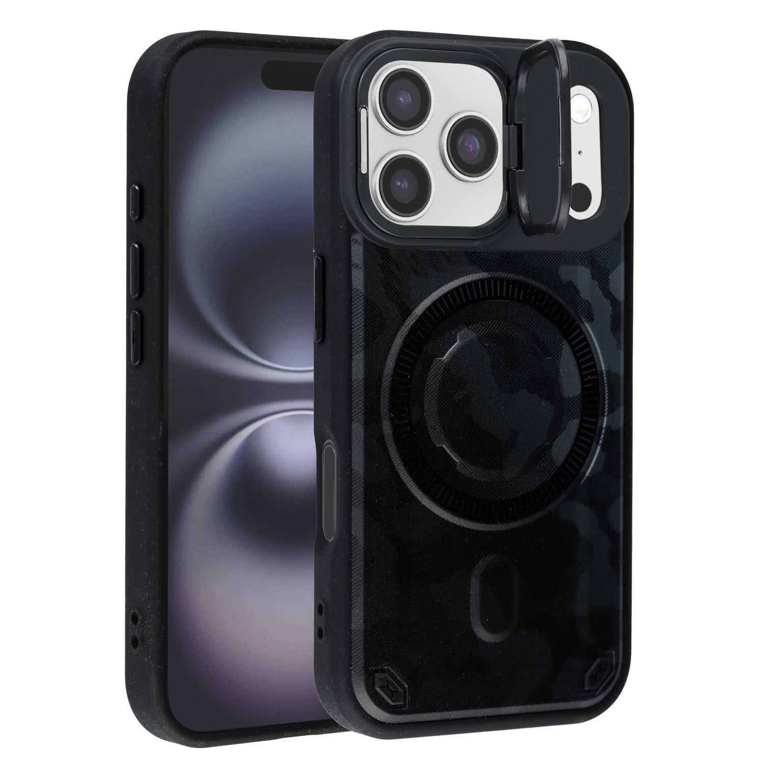 Camo Pattern Magnetic Phone Case with Lens Stand for iPhone 17 Pro Max - Black