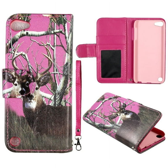 Camo Pink Deer Wallet Folio Case for Ipod Touch 5 Fashion Flip PU Leather Cover Card Slots & Stand