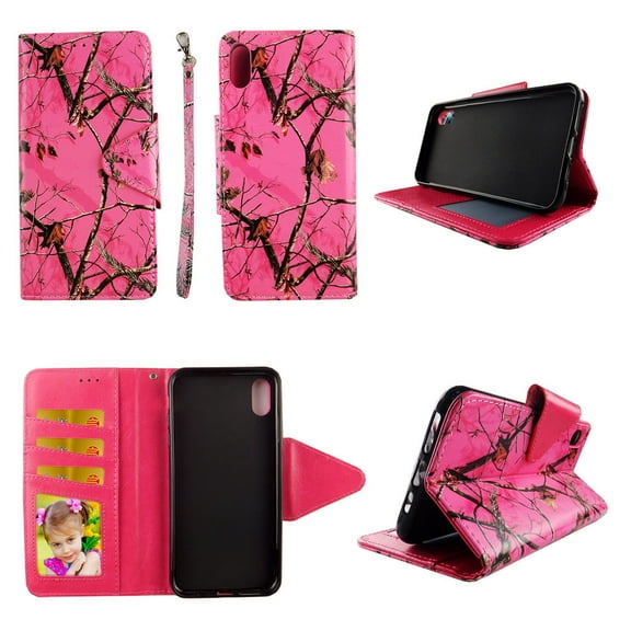 Camo Pink Mozzy Wallet Case for iPhone XR 6.1 Inch 2018 Folio Standing Cover Card Slot Money Pocket Magnetic Closure Fashion Flip Pu Leather