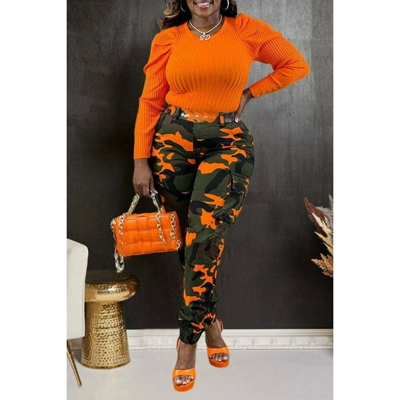 Camo Print Flap Pocket Cargo Pants (L, MultiOrange)