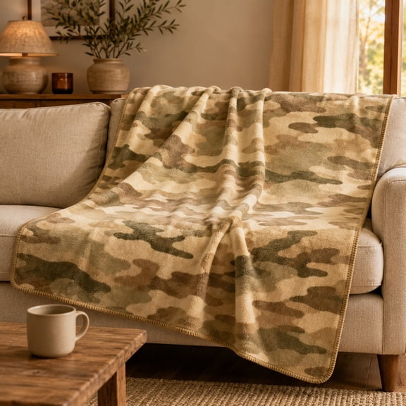 Camo Print Fleece Blanket 280GSM – Soft Desert Camouflage Throw for Couch or Sofa, 4 Sizes