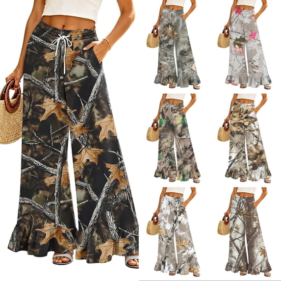 Camo Print Palazzo Pants for Women, High Waist Drawstring Wide Leg Trousers - Summer Flowy Ruffle Hem Lounge Bottoms Coffee M