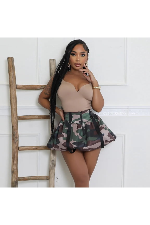 Camo Print Ruffle Short Mini Skirt (M, ArmyGreen)