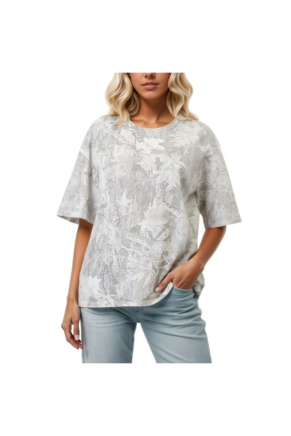 Camo Print T Shirts Women Short Sleeve Maple Leaf Graphic Crewneck Tops Summer Casual Baggy Relaxed Fit Basic Workout Tees