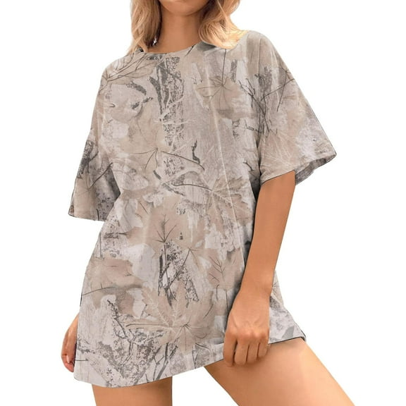 Camo Print T Shirts Women Short Sleeve Maple Leaf Graphic Crewneck Tops Summer Casual Baggy Relaxed Fit Basic Workout Tees