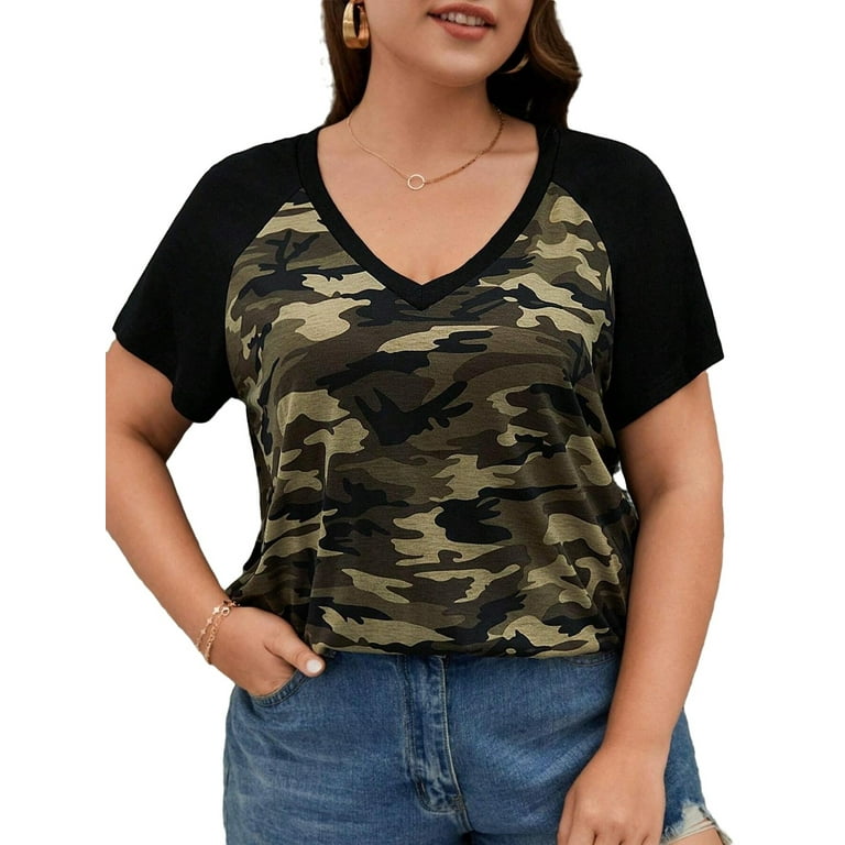 Camo Print V Neck Tee Short Sleeve Multicolor Plus Size T shirts Women s
