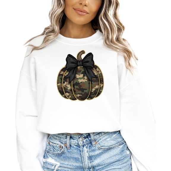 Camo Pumpkin Sweatshirt for Women, Teens & Youth Cute Black Bow Crewneck White Sweatshirt Adult X-Large