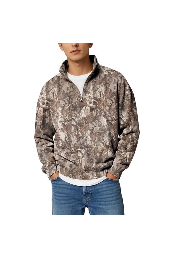 Camo Quarter Zip Pullover for Men Plus Size Fleece Camouflage Print Pullover Sweatshirts Long Sleeve Mock Neck Polo Shirts Athletic Comfort Military Camouflage Hunting Sweater Green XL