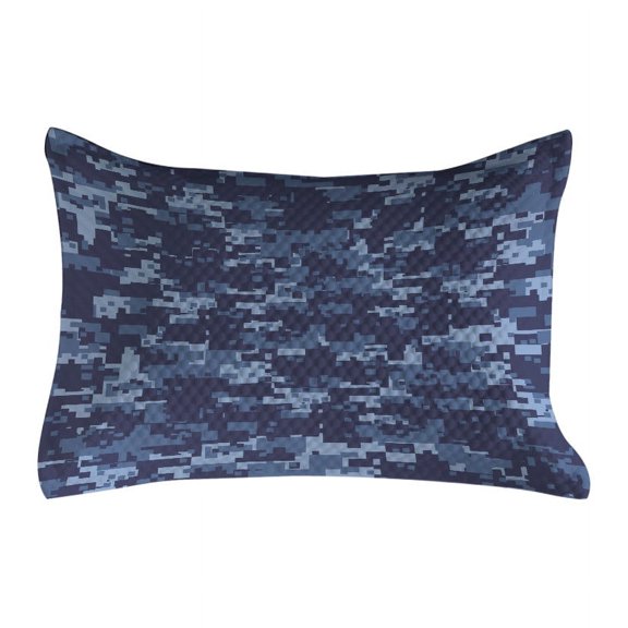 Camo Quilted Pillowcover, Retro Composition of Grunge Camouflage Pattern Print in Modern Blue Tones, Standard King Size Accent Pillow Cover Bedroom, 36" x 20", Pale Blue and Dark Blue, by Ambesonne