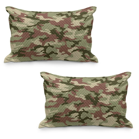 Camo Quilted Pillowcover Set of 2, Illustrated Green Camouflage in Forest Colors Hunter Theme, Standard Queen Size Pillow Cover for Bedroom, 36" x 20", Dark Green Army Green, by Ambesonne