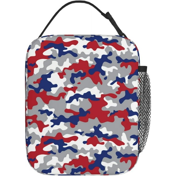 Camo Red Blue Insulated Lunch Box - Portable Reusable Cooler Tote For Adults, Office, Work, Travel, Picnic, Camping, Beach 10"Lx 8"Wx4"H