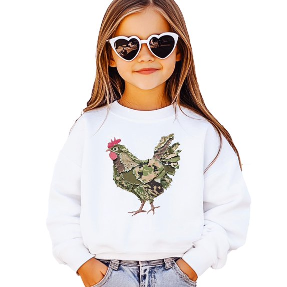 Camo Rooster Sweatshirt for Women Teens Kids Rustic Farmhouse Country Pullover White Sweatshirt Youth Large