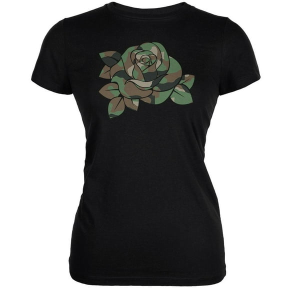 Camo Rose Military Wife Black Juniors Soft T-Shirt - Small