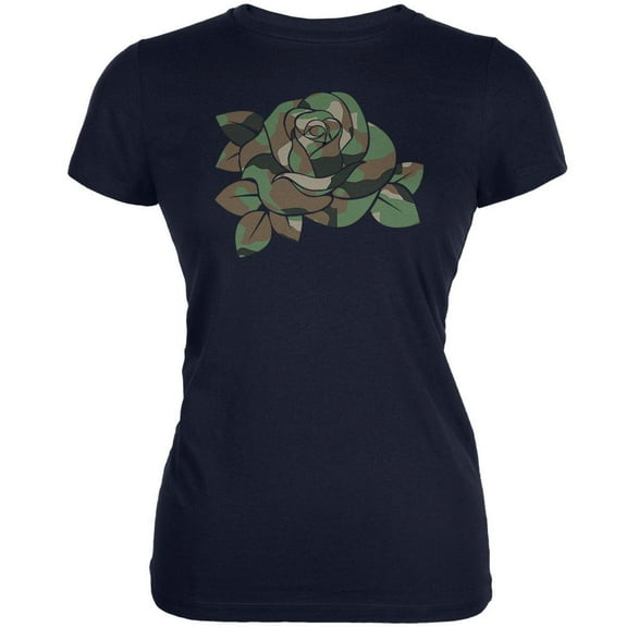 Camo Rose Military Wife Navy Juniors Soft T-Shirt - X-Large