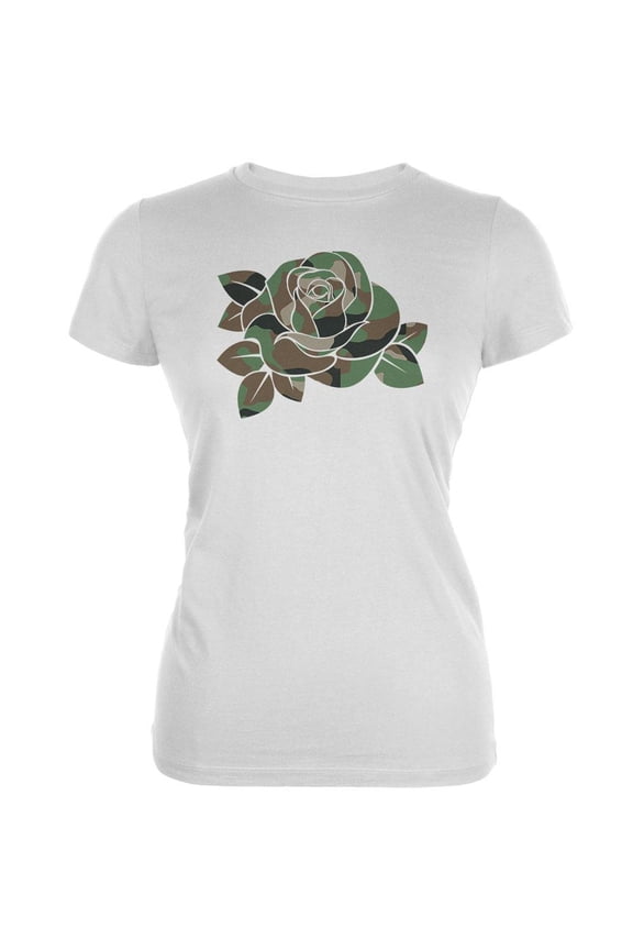 Camo Rose Military Wife White Juniors Soft T-Shirt - Medium