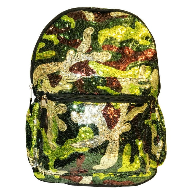 Camo Sequin Backpack Deluxe School Bag or Travel Backpack 16 inches