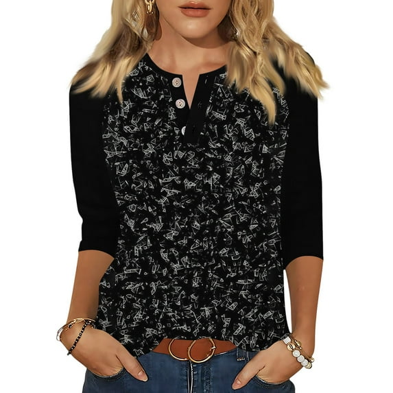Camo Shirt Women Dressy Casual 3/4 Sleeve Tunic Tops Button Up Color Block V Neck Blouse T-Shirts