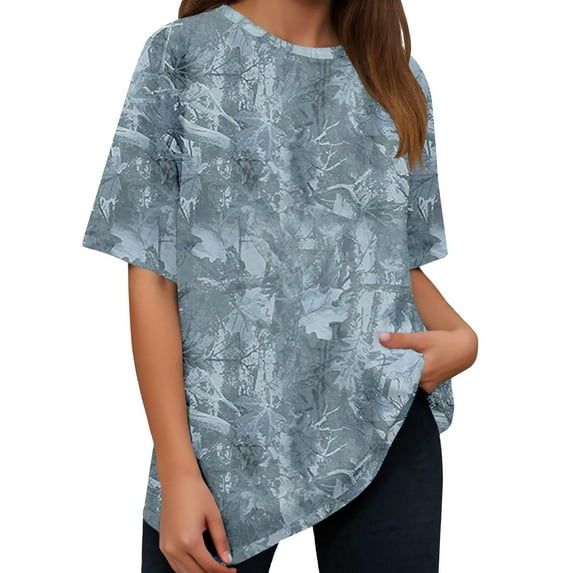 Women Summer Casual Shirts Plus Size Camo Printed Crew Neck Short Sleeved Pullover Tops Stretch Comfy Loose Fit Workout Tees
