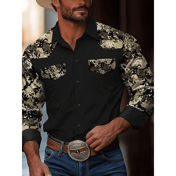 Camo Shirts for Men,Mens Western Cowboy Shirt Long Sleeve Cotton Button Down Work Shirts with Pockets Black 3XL
