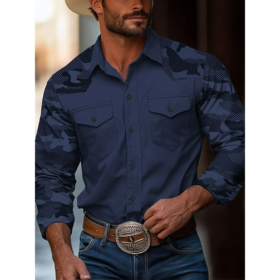Camo Shirts for Men,Mens Western Cowboy Shirt Long Sleeve Cotton Button Down Work Shirts with Pockets Blue XXL
