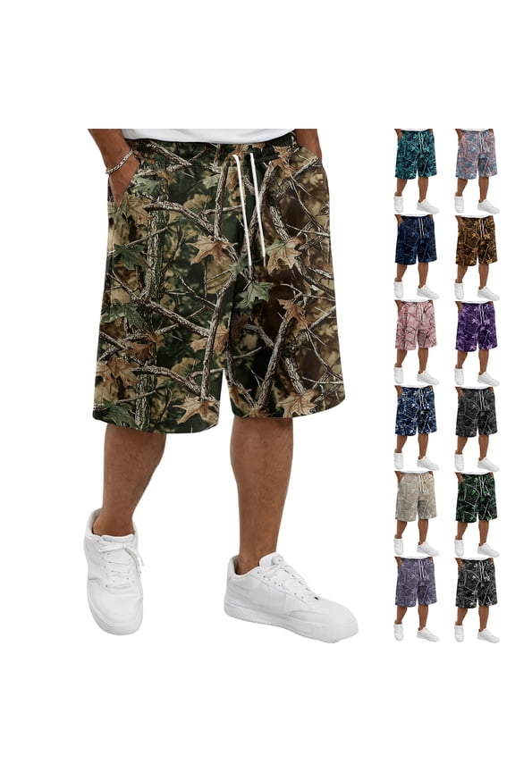 Camo Shorts Men Casual Shorts with Maple Leaf Print Drawstring Summer Beach Stretch Camo Shorts