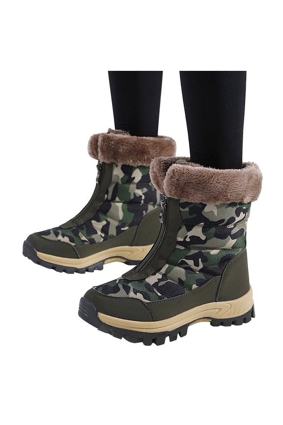 Camo Snow Boots for Women Front Zipper Winter Outdoor Hiking Shoes Plush Warm Mid Calf Booties Nonslip Trekking High Top Ankle Boots Camouflage Size 6