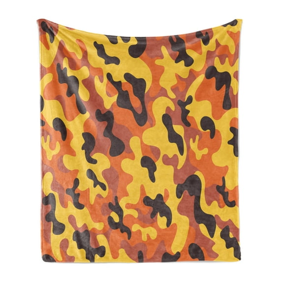 Camo Soft Flannel Fleece Blanket, Lively Colors Retro Style Camouflage Texture Modern Print Illustration, Cozy Plush for Indoor and Outdoor Use, 50" x 60", Yellow Orange Dried Rose, by Ambesonne