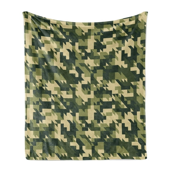 Camo Soft Flannel Fleece Throw Blanket, Abstract Camouflage in Forest Colors Jungle Environment Chevron, Cozy Plush for Indoor and Outdoor Use, 70" x 90", Pale Green Dark Green, by Ambesonne