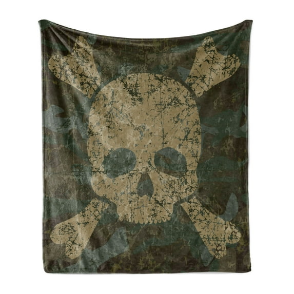 Camo Soft Flannel Fleece Throw Blanket, Abstract Texture Skull and Crossbones Pattern Aged Rusty Grunge Style, Cozy Plush for Indoor and Outdoor Use, 60" x 80", Dark Green Khaki Cream, by Ambesonne