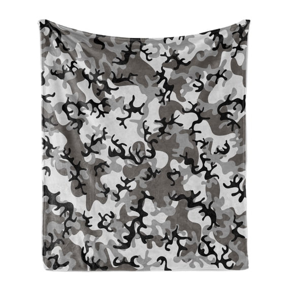 Camo Soft Flannel Fleece Throw Blanket, Camouflage Concept Concealment Artifice Hiding Force Uniform Pattern Fashion, Cozy Plush for Indoor and Outdoor Use, 60" x 80", Black Grey Grey, by Ambesonne