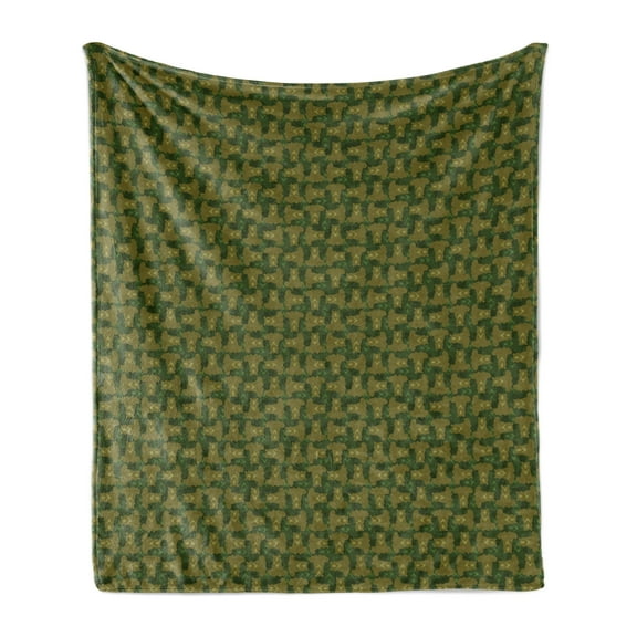 Camo Soft Flannel Fleece Throw Blanket, Camouflage Inspired Concept with Bear Wild Animals Abstract Design Print, Cozy Plush for Indoor and Outdoor Use, 50" x 70", Fawn and Hunter Green, by Ambesonne