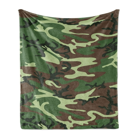 Camo Soft Flannel Fleece Throw Blanket, Classical American Commando Uniform Inspired Pattern Forest Tile, Cozy Plush for Indoor and Outdoor Use, 50" x 60", Green Brown Forest Green, by Ambesonne