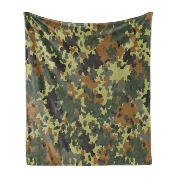 Camo Soft Flannel Fleece Throw Blanket, Classical Germany Camouflage Pattern Forest Jungle Colors Design, Cozy Plush for Indoor and Outdoor Use, 50" x 60", Green Brown Dark Green, by Ambesonne
