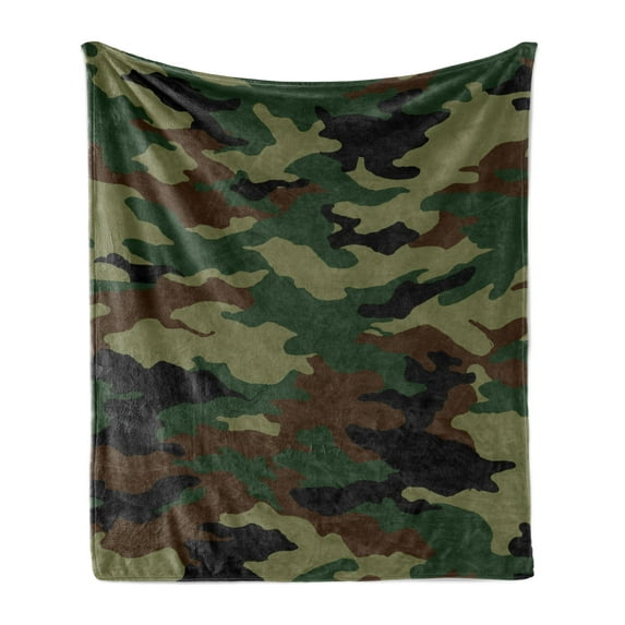 Camo Soft Flannel Fleece Throw Blanket, Graphic Uniform Inspired Camouflage Clothing Design, Cozy Plush for Indoor and Outdoor Use, 70" x 90", Green Brown Forest Green, by Ambesonne