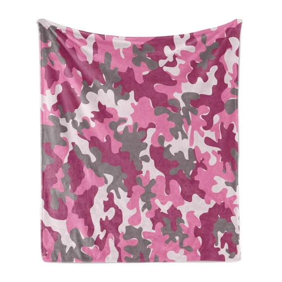 Camo Soft Flannel Fleece Throw Blanket, Pattern in Pink Tones Feminine Design Girlish Vibrant, Cozy Plush for Indoor and Outdoor Use, 50" x 70", Magenta Hot Pink Grey, by Ambesonne