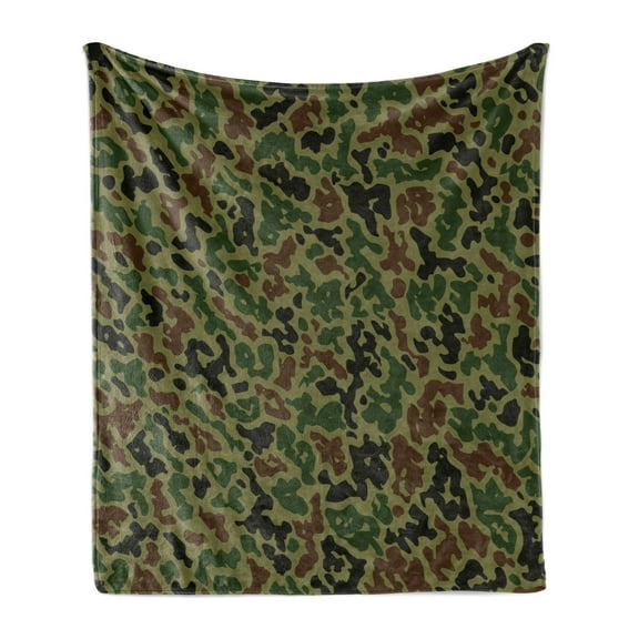 Camo Soft Flannel Fleece Throw Blanket, Summer Camouflage Pattern Grungy Texture Hidden in Jungle Retro Style Print, Cozy Plush for Indoor and Outdoor Use, 50" x 60", Khaki Green Brown, by Ambesonne