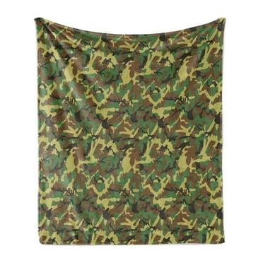 Camo Soft Flannel Fleece Throw Blanket, Woodland Camouflage Pattern Abstract Concealment Hiding in Jungle, Cozy Plush for Indoor and Outdoor Use, 50" x 60", Green Brown Dark Green, by Ambesonne