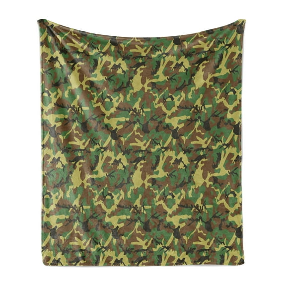 Camo Soft Flannel Fleece Throw Blanket, Woodland Camouflage Pattern Abstract Concealment Hiding in Jungle, Cozy Plush for Indoor and Outdoor Use, 50" x 70", Green Brown Dark Green, by Ambesonne